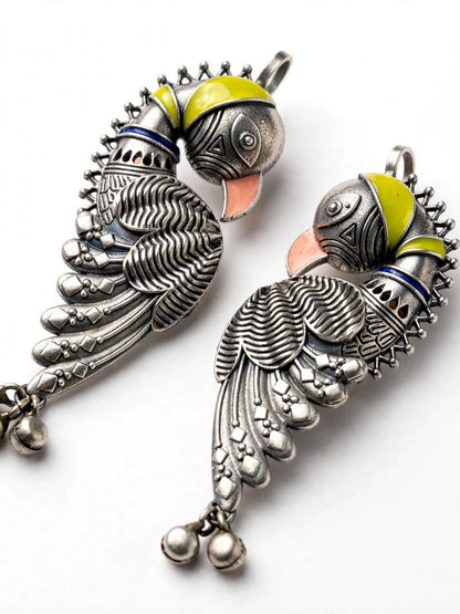 Oxidised Silver-Plated Multicolour Parrot Design Pearl Drop Statement Earcuff