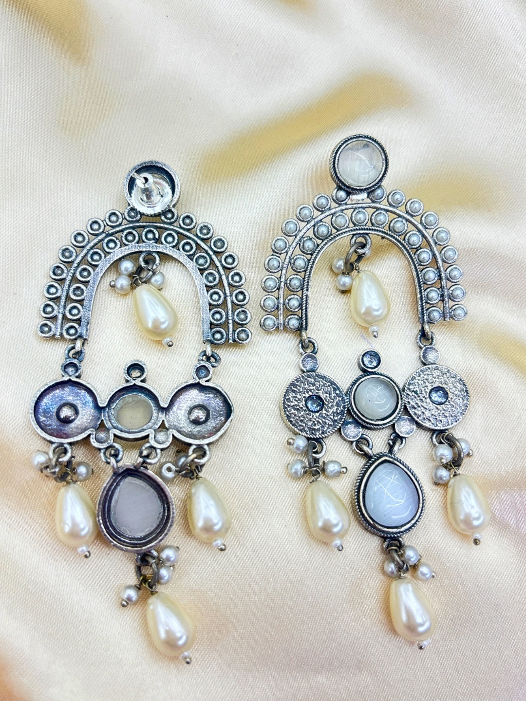 White Stone & Pearl Embellished Oxidised Statement Chandbali Earrings