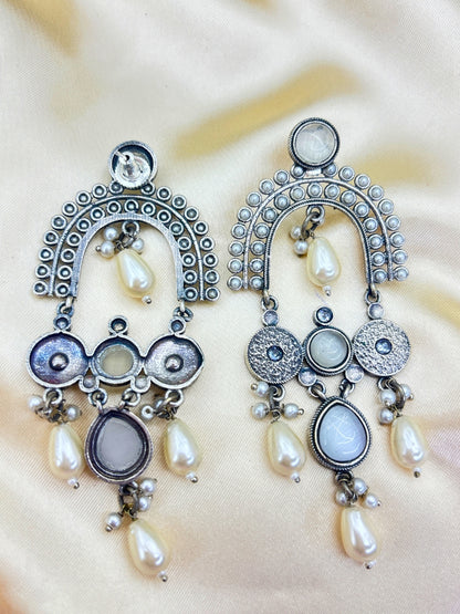 White Stone & Pearl Embellished Oxidised Statement Chandbali Earrings