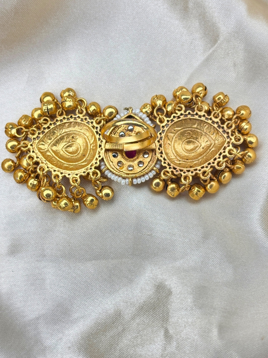 Gold-Plated Green Kundan Stone Ghungroo Statement Adjustable Finger Ring