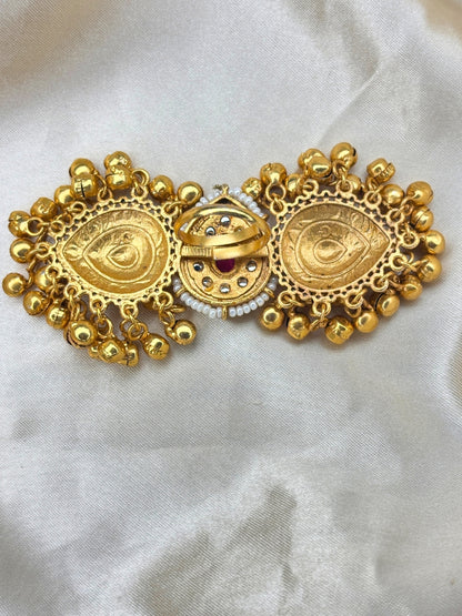Gold-Plated Green Kundan Stone Ghungroo Statement Adjustable Finger Ring