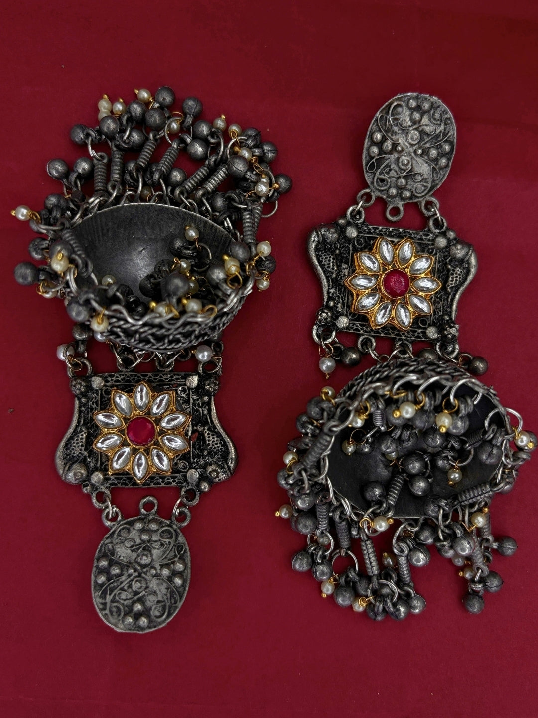 Oxidised Silver-Plated Floral Kundan Stone Studded Jhumka Earrings