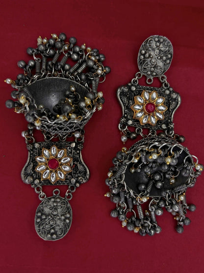 Oxidised Silver-Plated Floral Kundan Stone Studded Jhumka Earrings