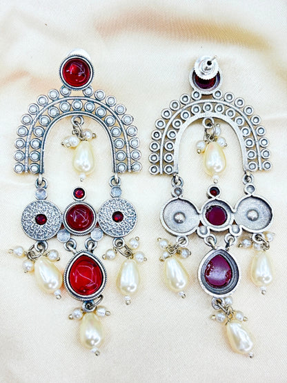 Ruby Red Stone & Pearl Embellished Oxidised Chandbali Statement Earrings