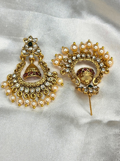 Gold-Plated Kundan Stone-Studded Peacock & Jhumka Pendant Necklace Jewellery Set