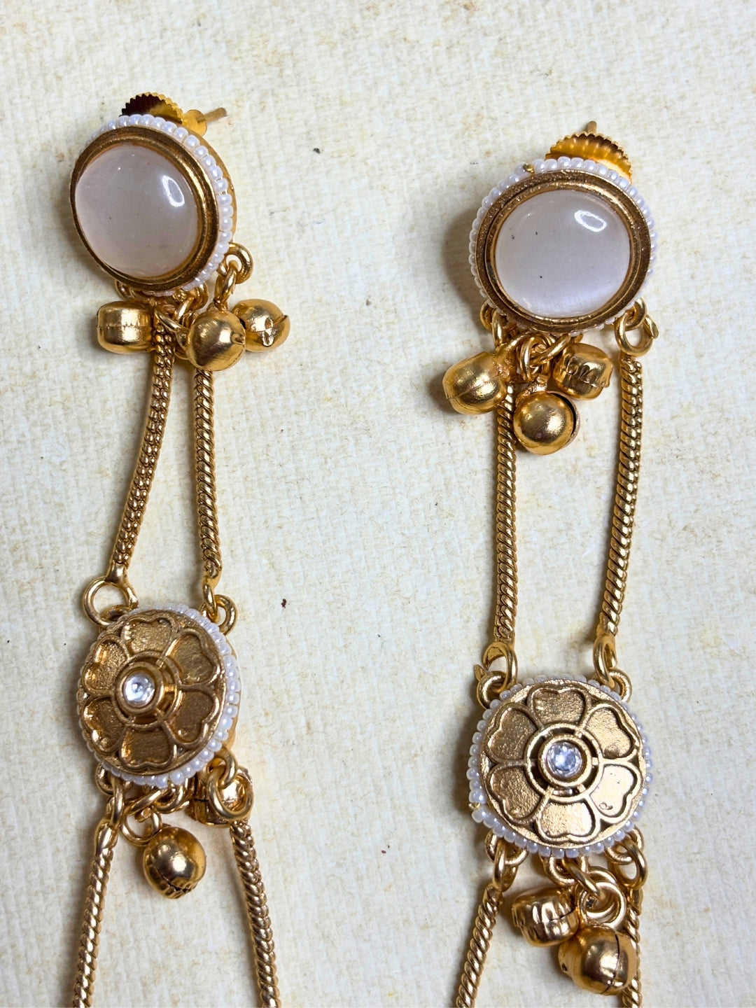 Gold-Plated Pearl Studded Kundan Long Chain Kashmiri Jhumka Earrings