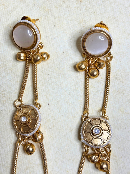 Gold-Plated Pearl Studded Kundan Long Chain Kashmiri Jhumka Earrings
