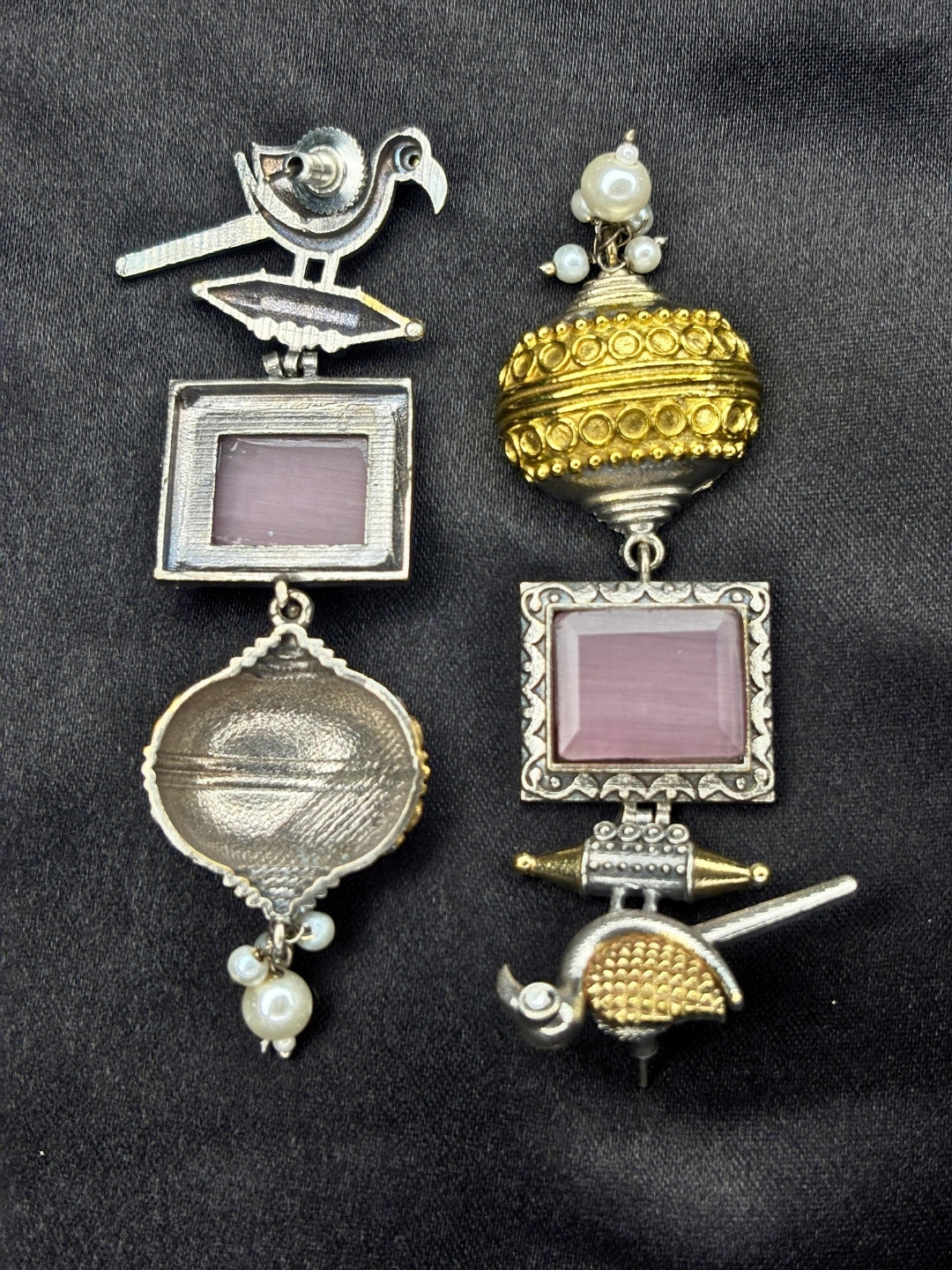 Silver & Gold Dual-Plated Oxidised Long Pink Stone Contemporary Bird Jhumkas Earrings