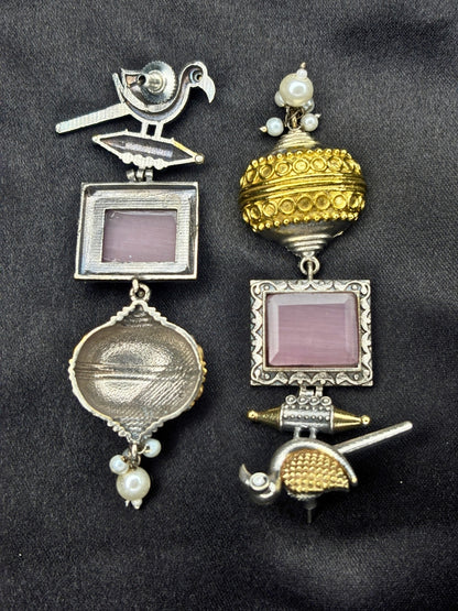 Silver & Gold Dual-Plated Oxidised Long Pink Stone Contemporary Bird Jhumkas Earrings