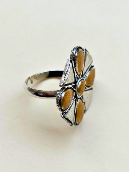 Women Oxidised Silver-Plated Mustard Yellow Floral Earrings & Statement Ring Set