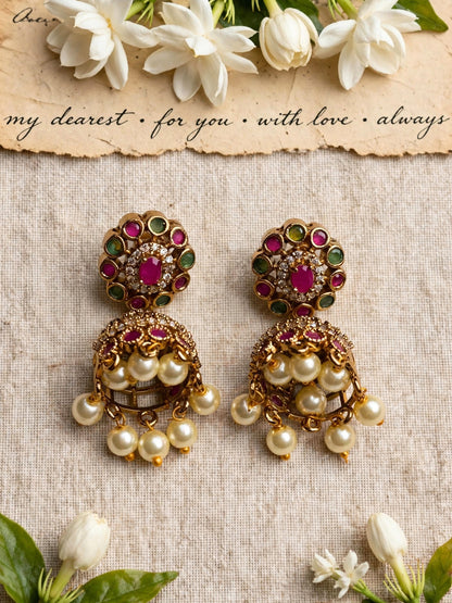 Gold-Plated Ruby & Emerald CZ Studded Temple Jewellery Set