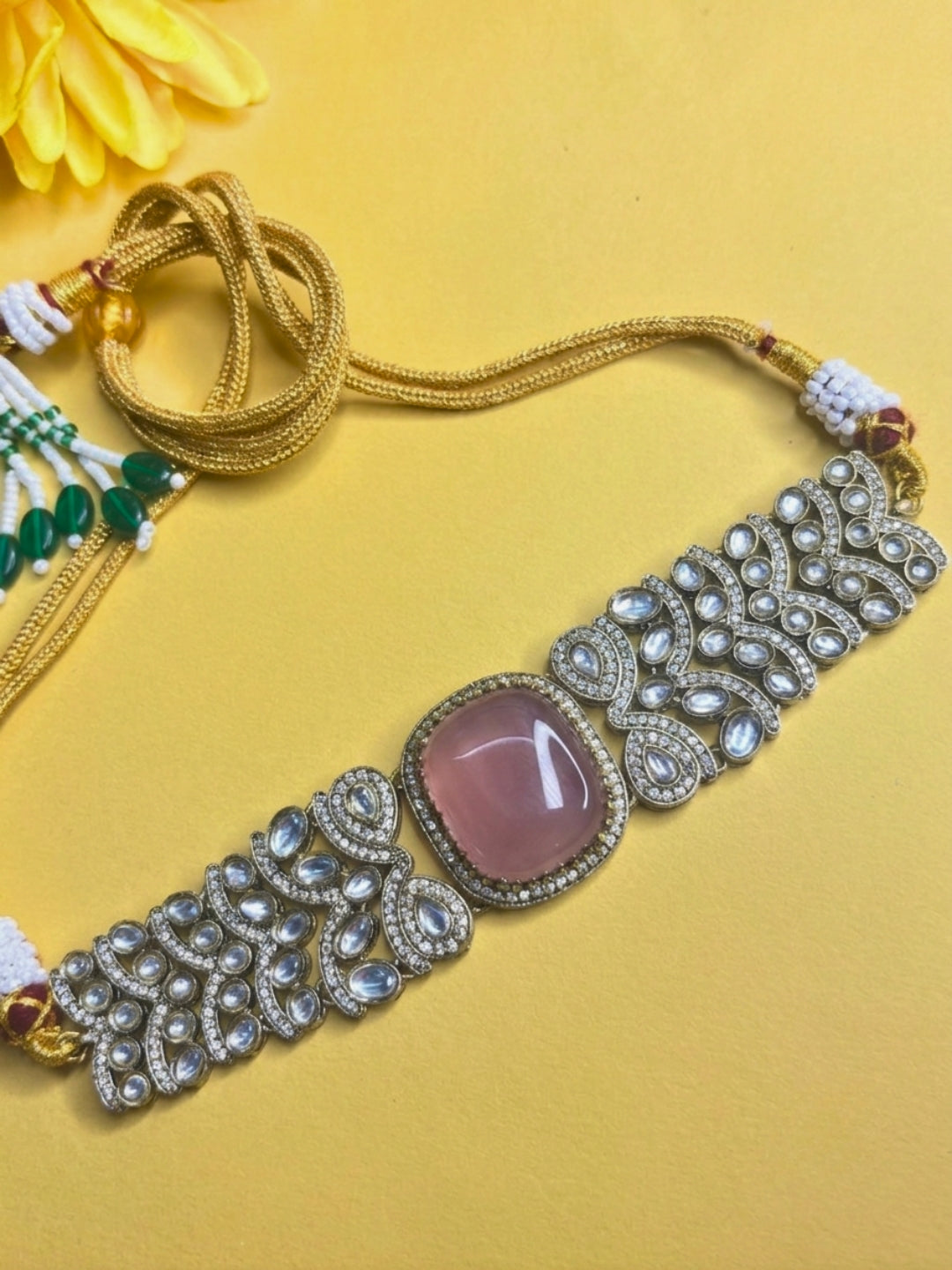 VIVAZS pink Kundan-Studded Cubic Zirconia Golden Necklace Set