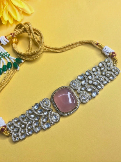 VIVAZS pink Kundan-Studded Cubic Zirconia Golden Necklace Set