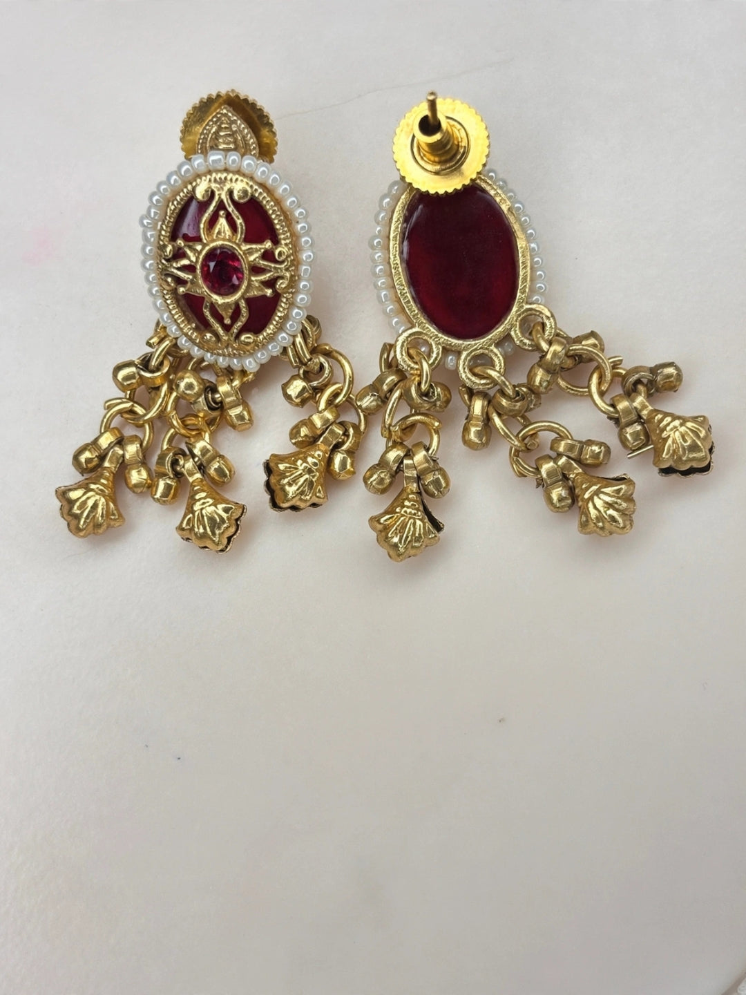 Gold-Plated Red Kundan Stone Contemporary Stud Earrings
