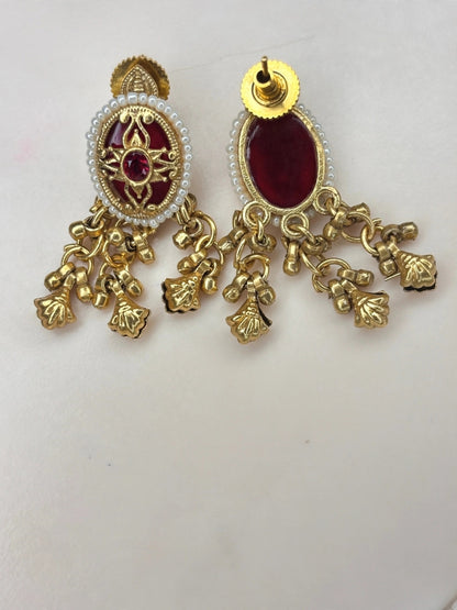 Gold-Plated Red Kundan Stone Contemporary Stud Earrings
