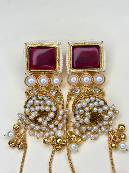 Gold-Plated Red Kundan Stone Long  Kashmiri Drop Earrings