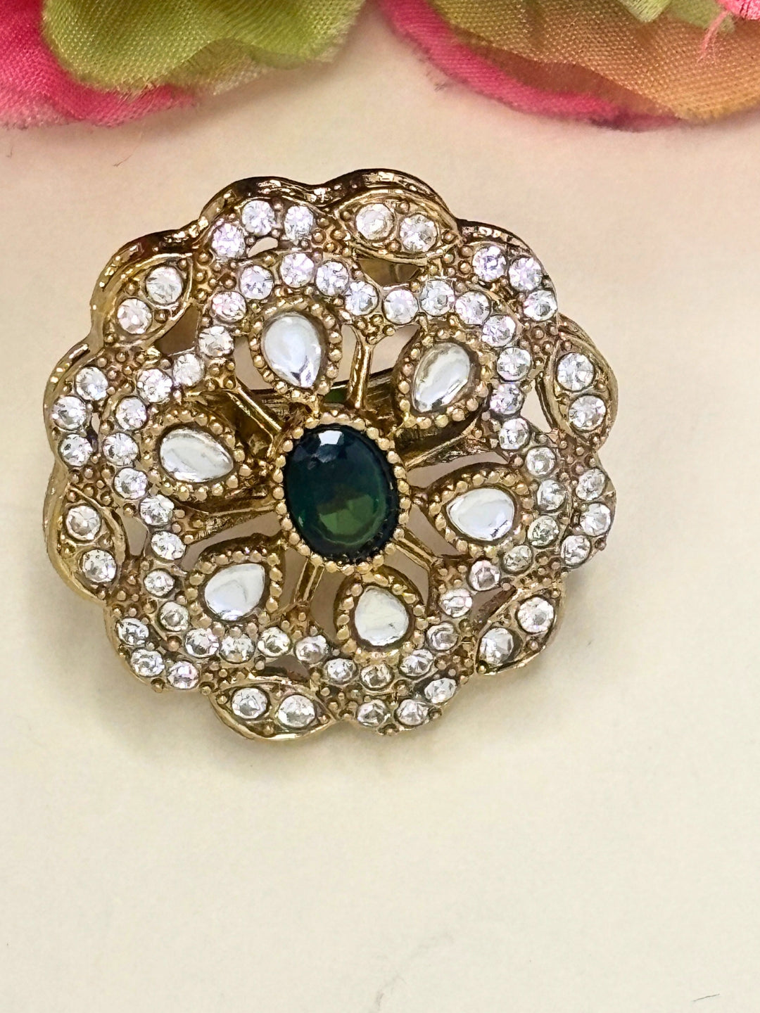Gold-Plated Stone Kundan Floral Statement Ring