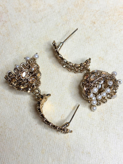 Gold-Plated  Kundan & Pearl Studded Layered  Jhumka Earrings