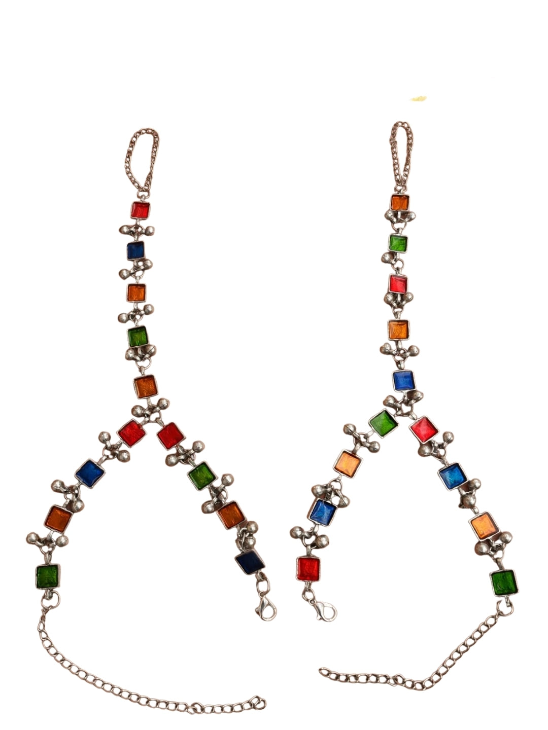 Oxidised Silver-Toned Multicolour Stone Beaded Anklet with Toe Ring