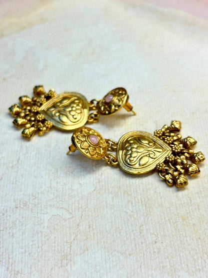 Gold-Plated Pink Kundan Stone Floral Drop Statement Earrings