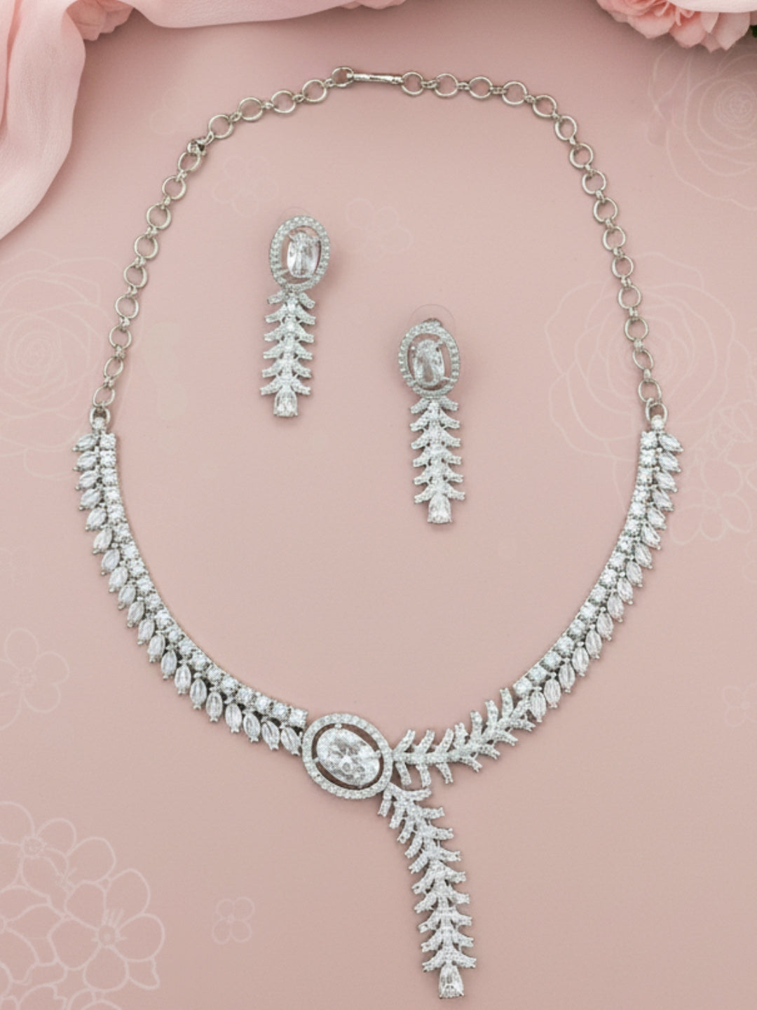 Silver Plated Ad & Cubic Zirconia Studded Premium Necklace Jewellery Set