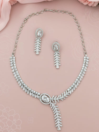 Silver Plated Ad & Cubic Zirconia Studded Premium Necklace Jewellery Set