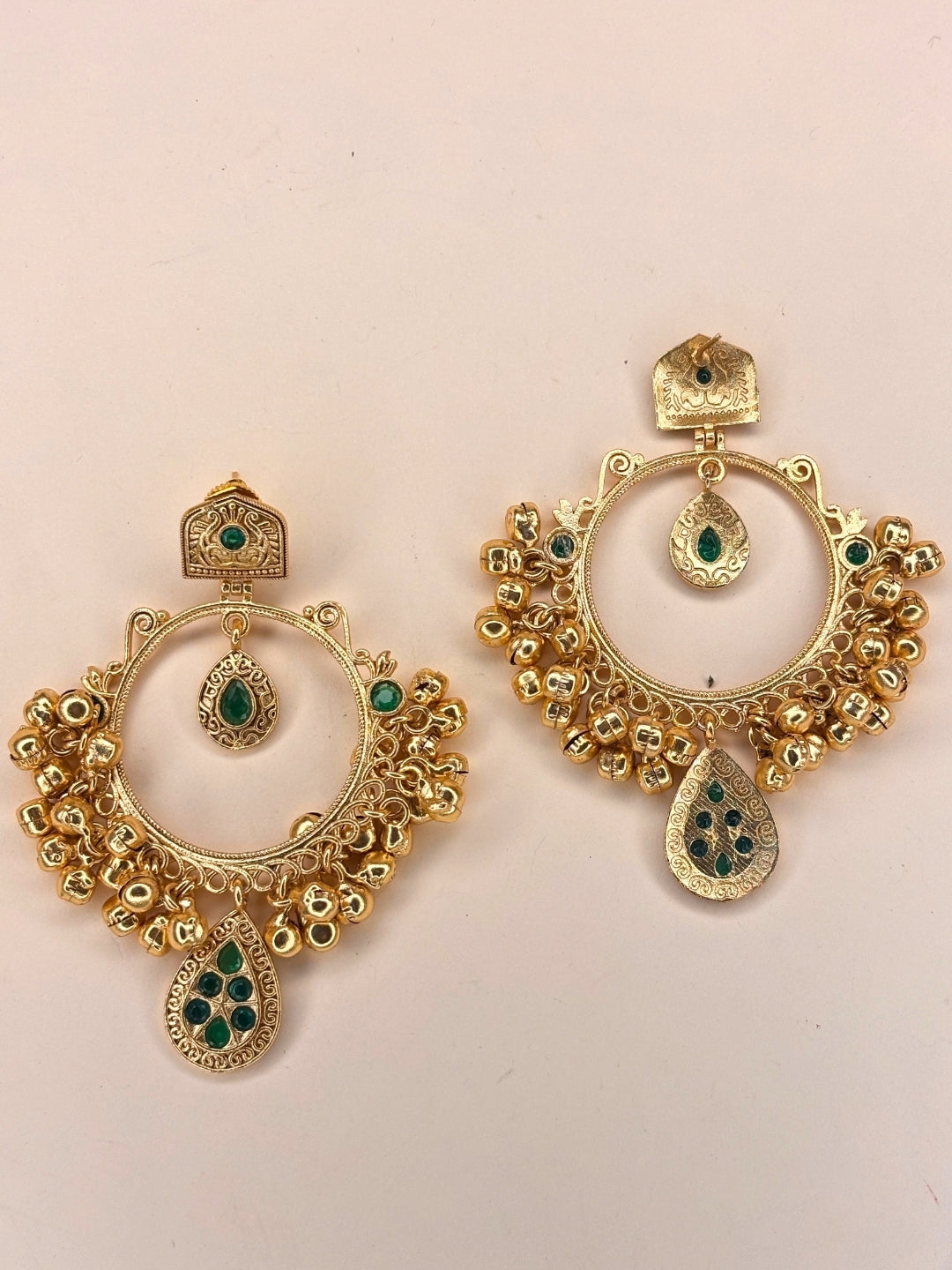 Gold-Plated Green Kundan Ghungroo Statement Earrings