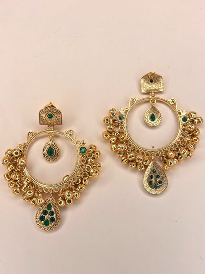 Gold-Plated Green Kundan Ghungroo Statement Earrings