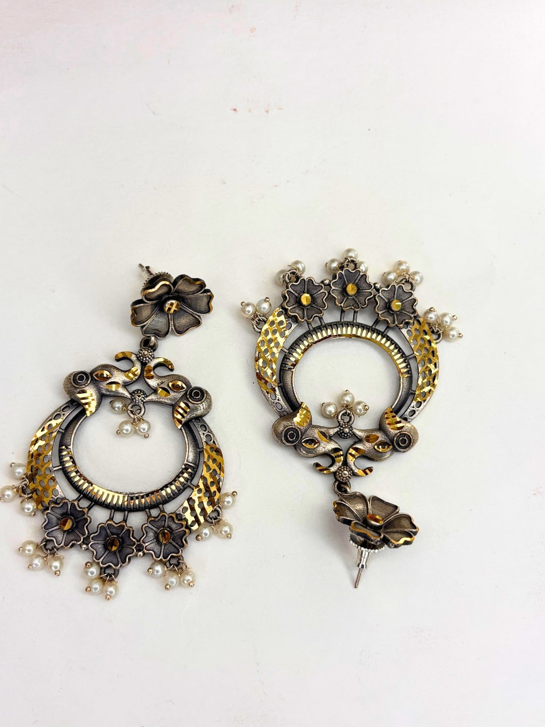 Oxidised Silver-Plated Floral & Pearl Embellished Peacock Statement Drop Earrings