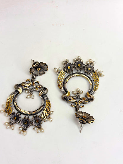 Oxidised Silver-Plated Floral & Pearl Embellished Peacock Statement Drop Earrings