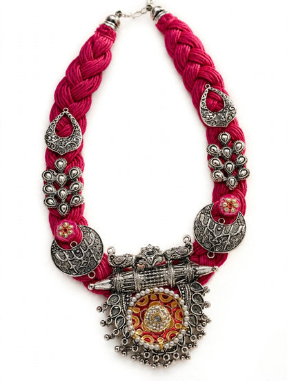 German Silver Floral & Peacock Charm Statement Bohemian Meenakari Magenta Jute Necklace