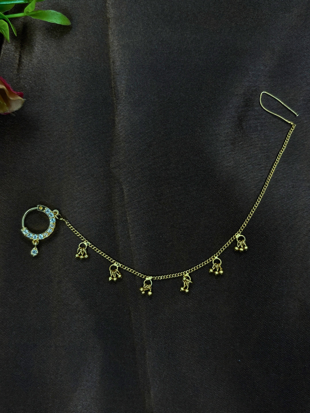 Gold-Plated AD and Cubic Zirconia  chained Adjustable Nosepin Chain (Nath)