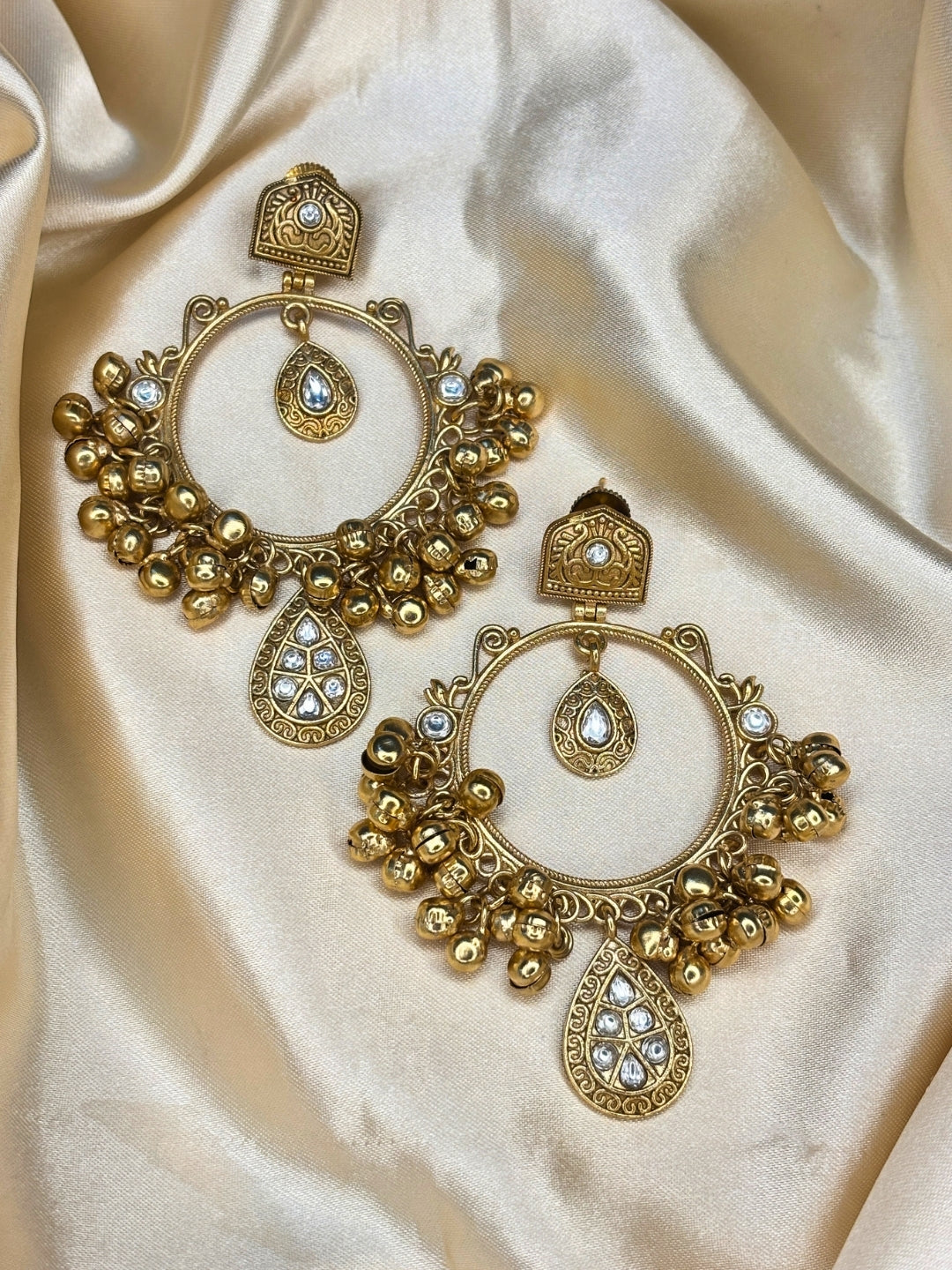 Gold-Plated White Kundan Ghungroo Statement Earrings