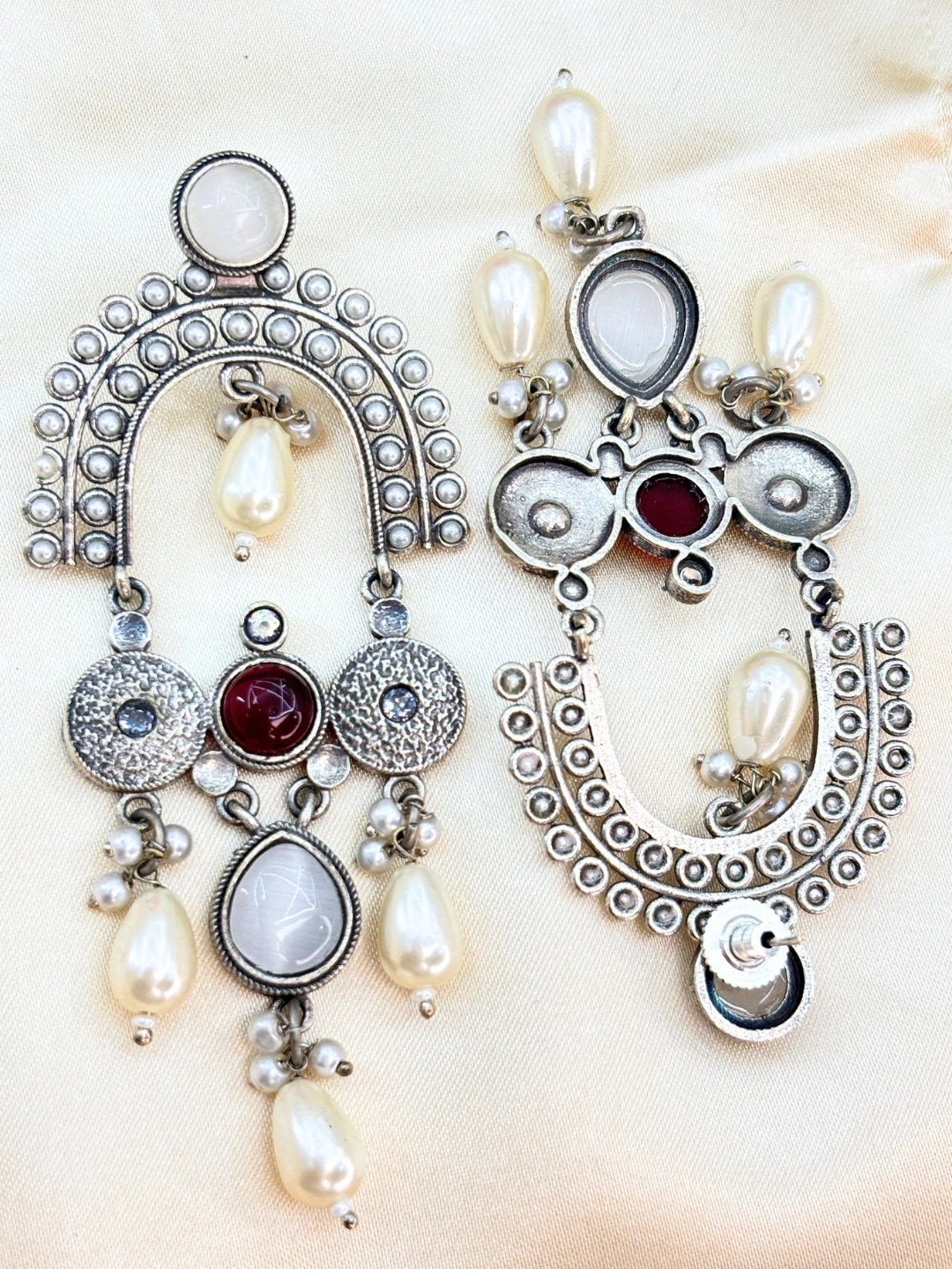 Maroon & White Stone Pearl Embellished Oxidised Chandbali Statement Earrings