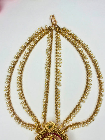 Gold Plated Pearl Kundan Traditional Temple Bridal Hair Accessory