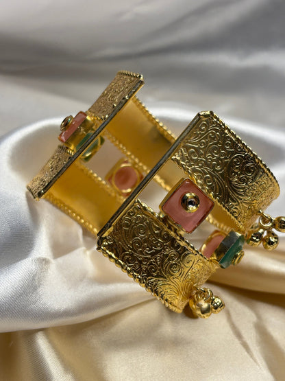 Women Gold-Plated Kundan & Pearl Embellished Adjustable Bangle Bracelet