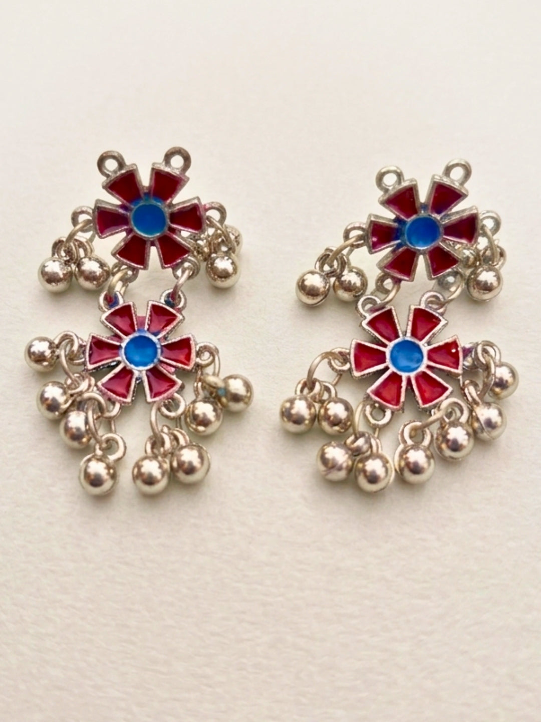 Women Oxidised Silver-Plated Red Floral Statement Necklace & Earrings Set