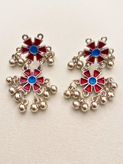 Women Oxidised Silver-Plated Red Floral Statement Necklace & Earrings Set