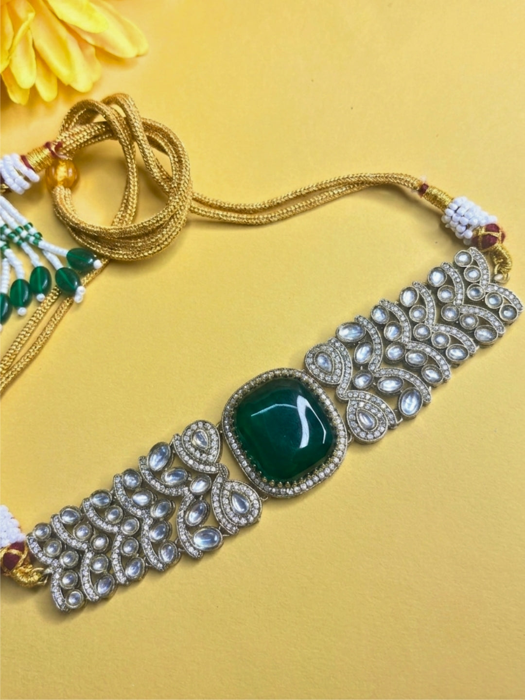 VIVAZS Green Kundan-Studded Cubic Zirconia Golden Necklace Set