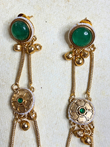 Gold-Plated Green Kundan Stone Studded Long Chain Kashmiri Jhumka Earrings