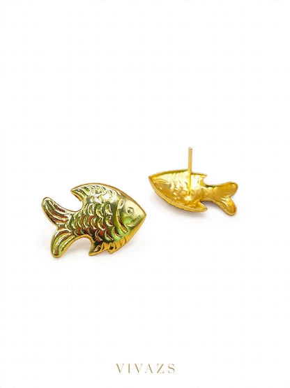 Gold-Plated Fish Motif Textured Stud Earrings