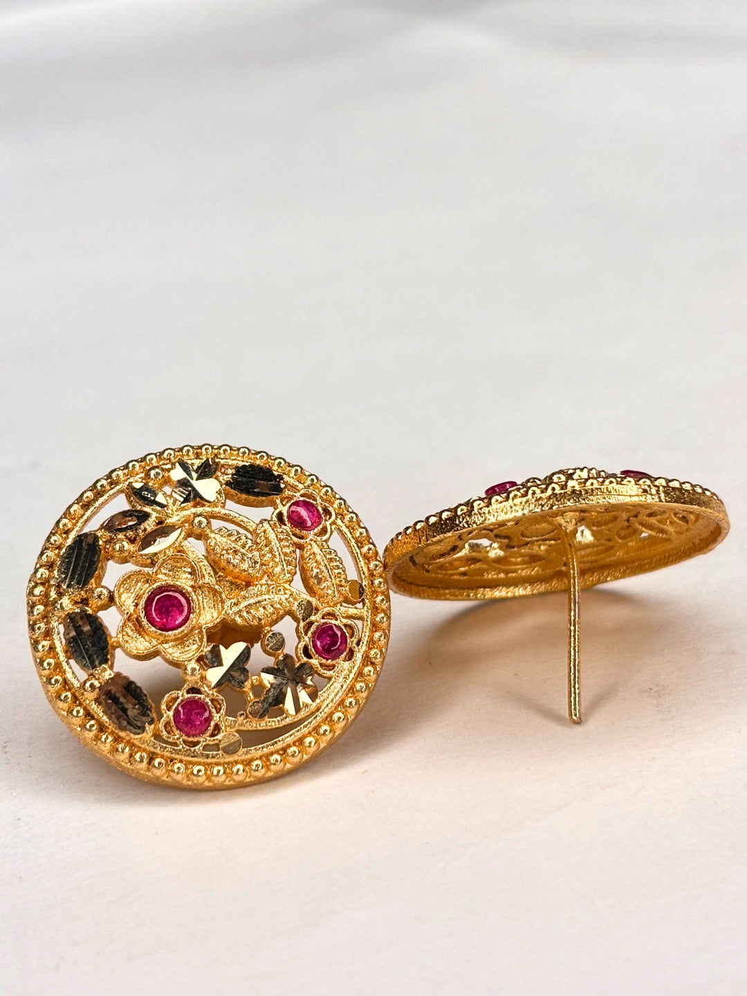 Gold-Plated Floral Pink Stone Embellished Round Stud Earrings