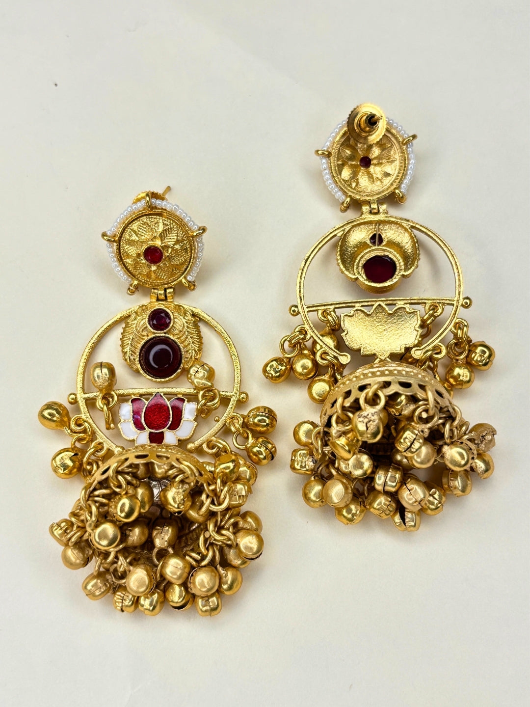 Gold-Plated Artificial red Stones Studded And Beaded Dome Shaped Jhumkas