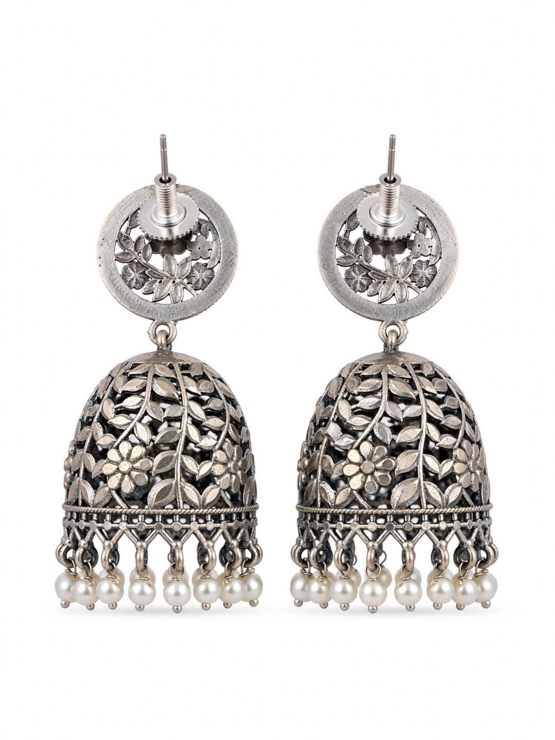 Oxidised Silver-Plated Floral Leaf Design Pearl Drop Dome Jhumka Earrings