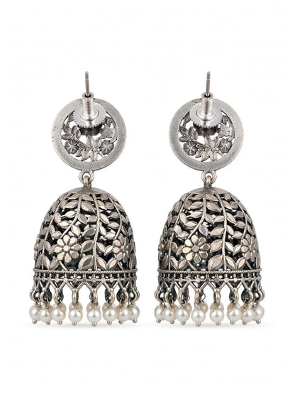 Oxidised Silver-Plated Floral Leaf Design Pearl Drop Dome Jhumka Earrings