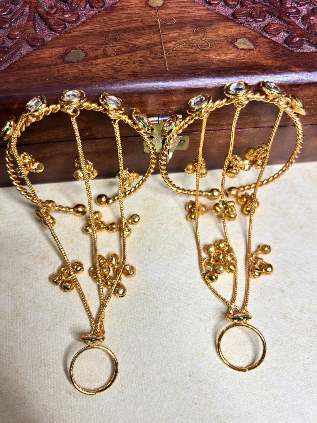 Gold-Plated Kundan Studded Ghungaroo Hath Phool  Kashmiri Ring Bracelet set