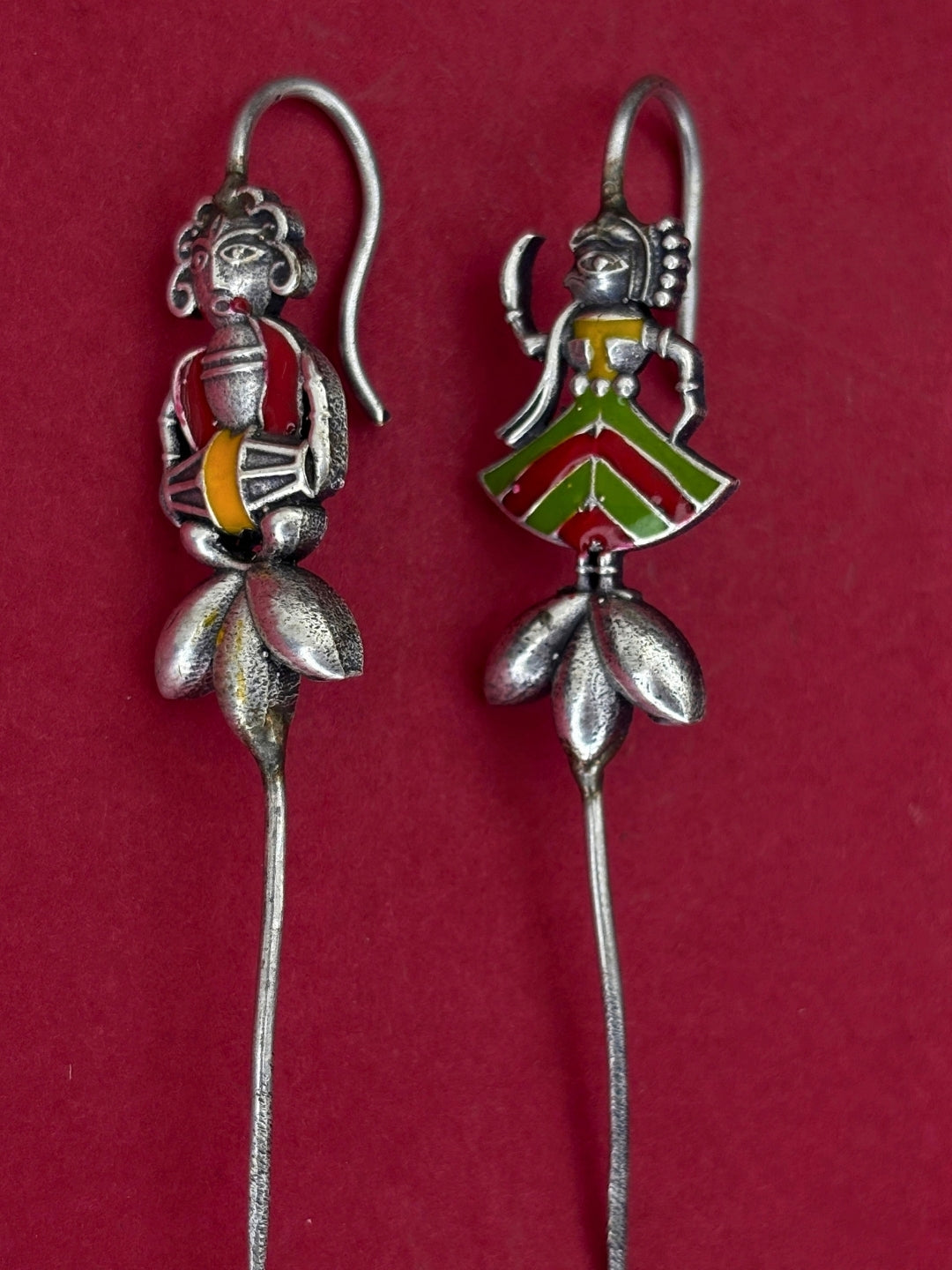 Oxidised Silver-Plated Mismatch Folk Art Drop Earcuff Earrings
