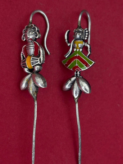 Oxidised Silver-Plated Mismatch Folk Art Drop Earcuff Earrings