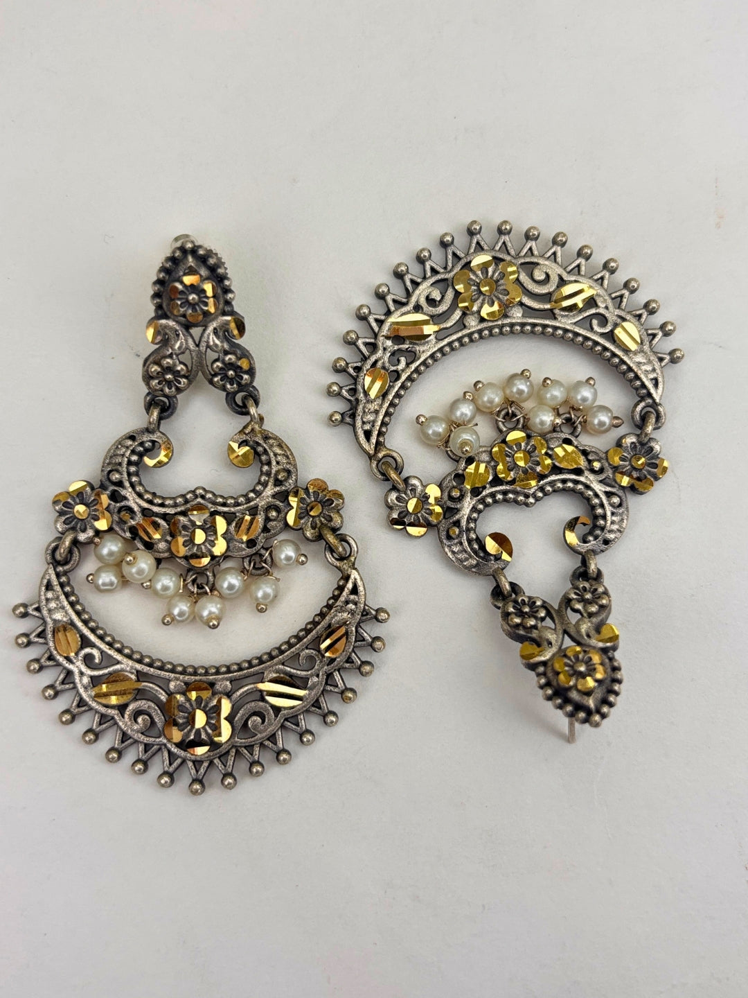 Oxidised Silver-Plated Floral & Pearl Embellished Statement Chandbali Earrings