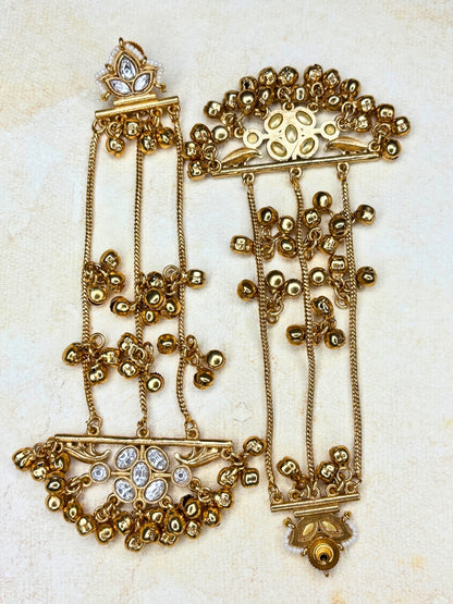 Gold-Plated White Stone Ghungroo Chain Dangler Statement Earrings